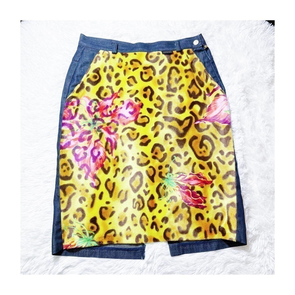 Versace Jeans Couture Leopard Print Denim Skirt SZ26 EUR40